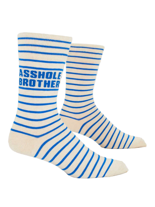 Pair of socks with blue and white stripes and 'Asshole Brother' text on a white background