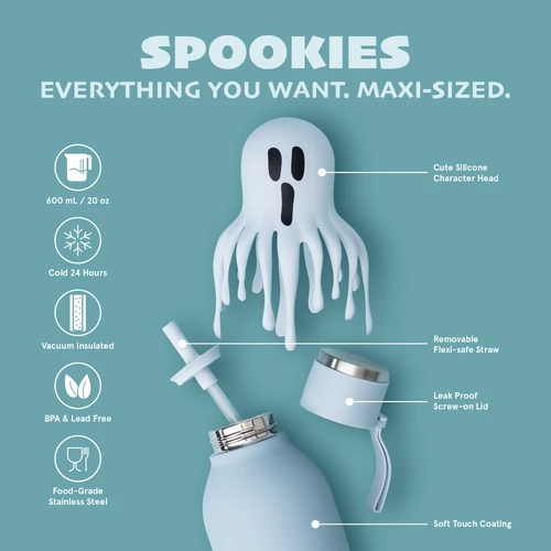 Spookies everything you want maxi-sized. a Ghost drink bottle broken up int three components with an aqua background.