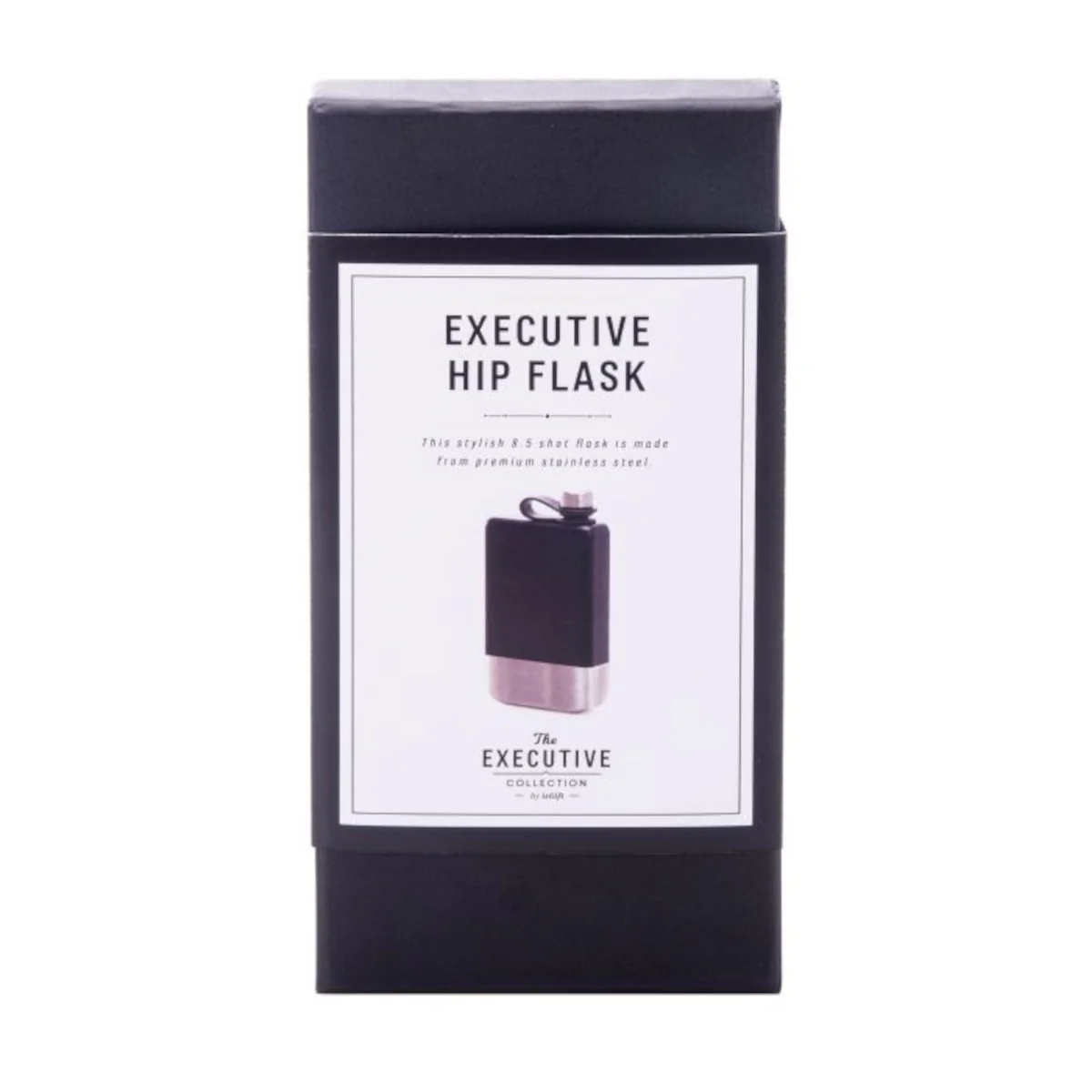 Executive hip flask packaging on a white background