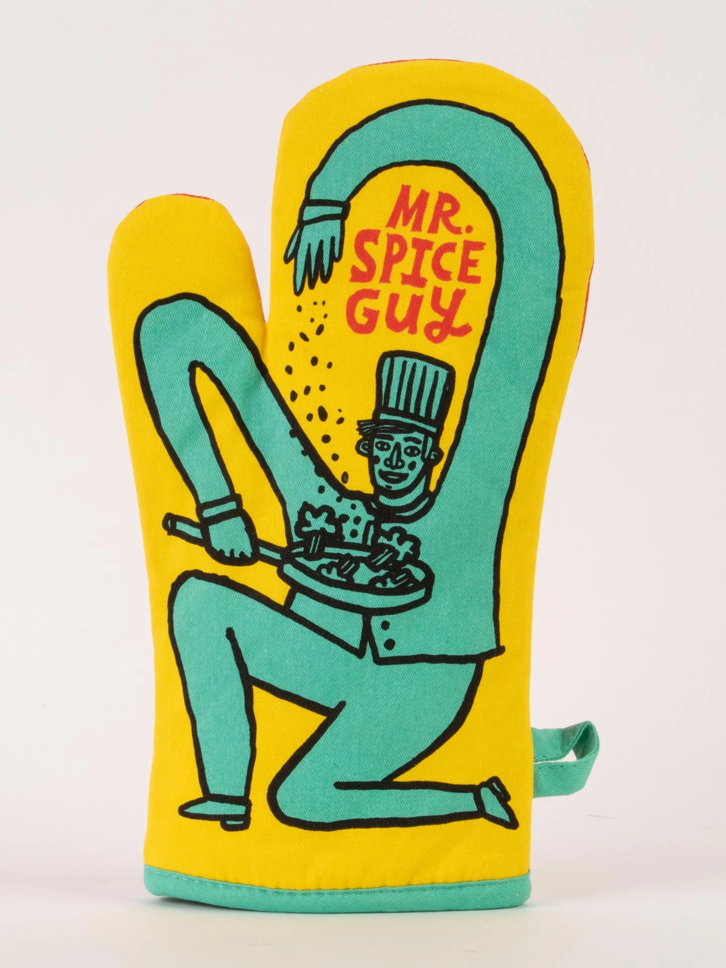 Oven mitt with cartoon character and 'Mr. Spice Guy' text on a yellow background