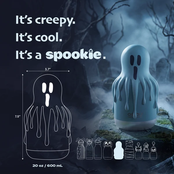 A ghost  shaped drink bottle  in a spooky background of a cemetary. A cartoon image of the ghost bottle measurements is on the left.