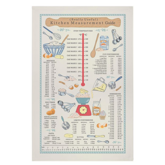 Kitchen measurement guide teatowel with illustrations and text on a white background