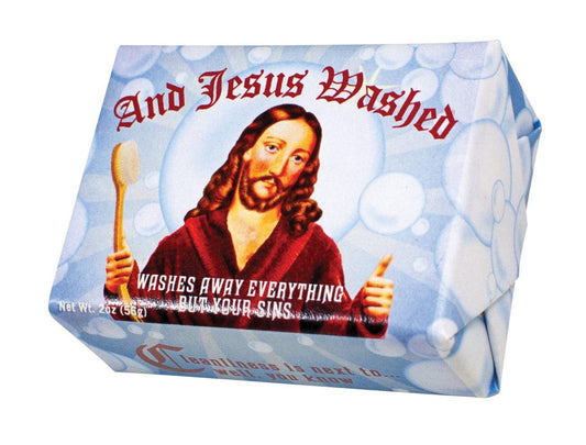 Soap package with an image of a religious figure and text on a white background