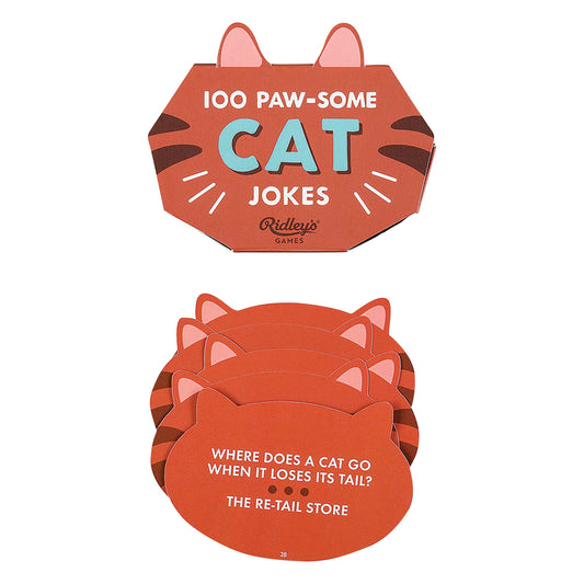 Cat-shaped joke cards with '100 Paw-some Cat Jokes' text on a white background