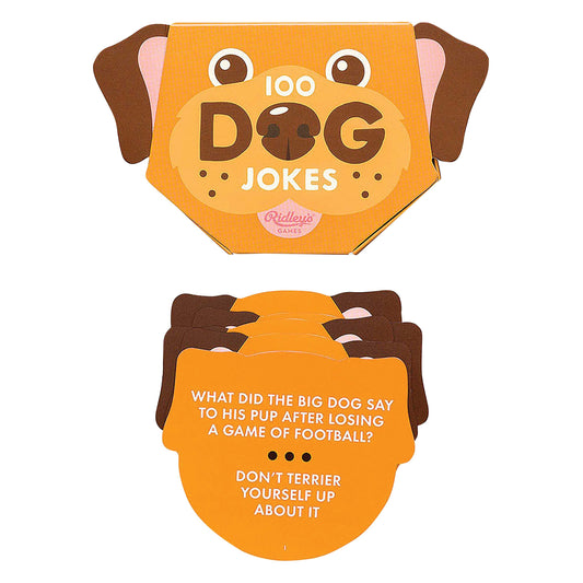 Dog-shaped joke cards with a humorous joke on a white background