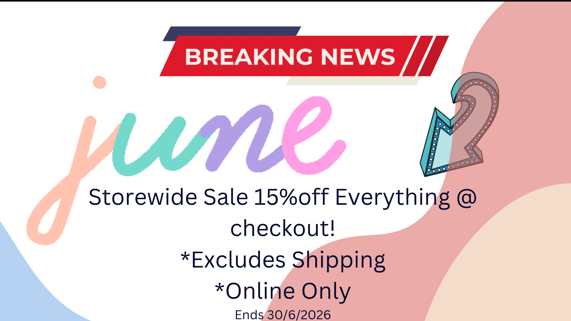 Promotional banner for a storewide sale with colorful text and a question mark icon.