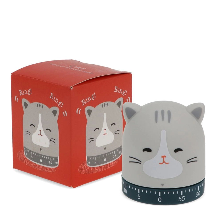 Cat-shaped kitchen timer with red box on a white background