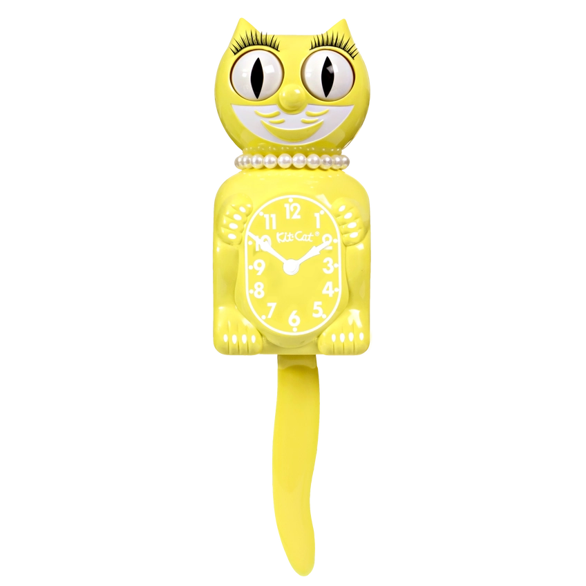 Yellow cat-shaped clock with a white face on a transparent background