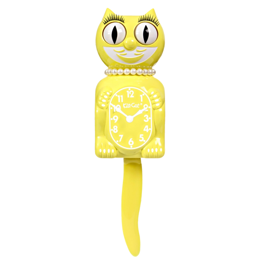 Yellow cat-shaped clock with a white face on a transparent background