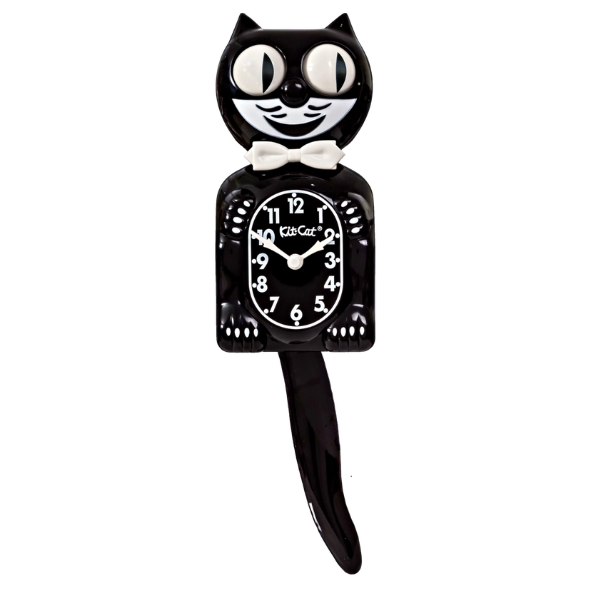 Black cat-shaped clock with a white bow tie on a white background