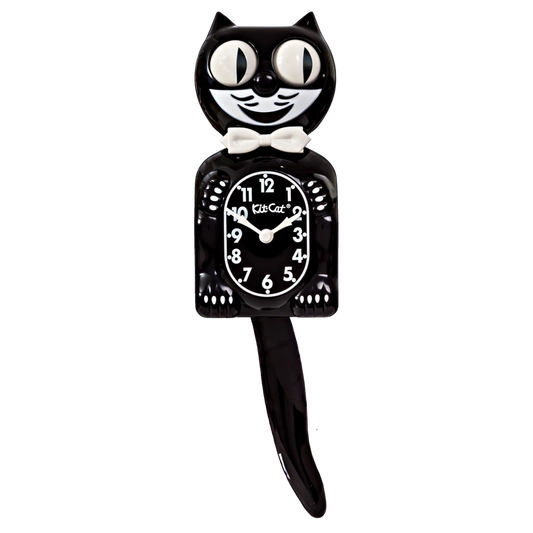 Black cat-shaped clock with a white bow tie on a white background