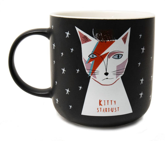 Mug- Kitty Stardust- Picture a blck mug and a cat made up to look like a character of music icon: David Bowie