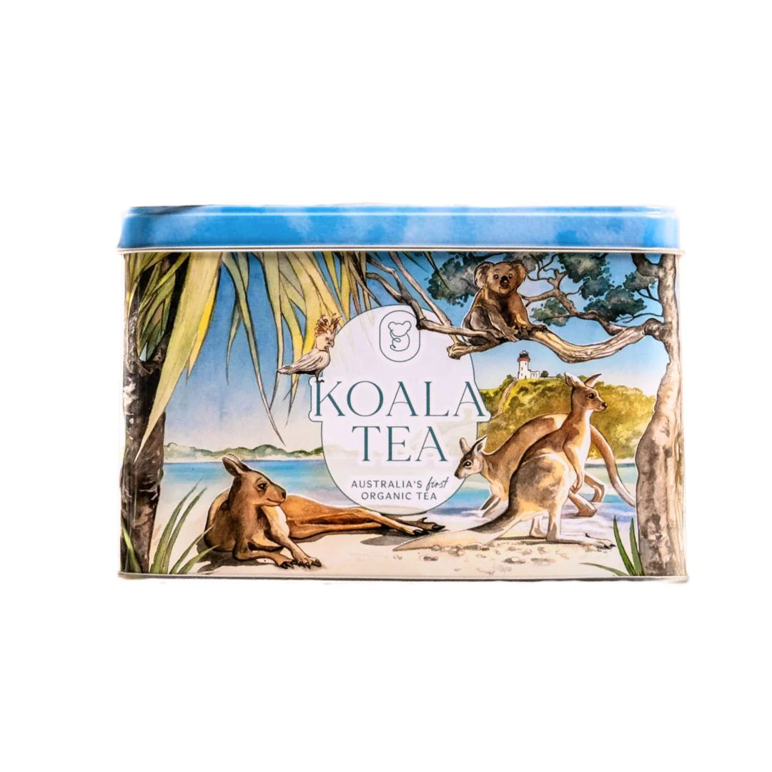 Koala Tea packaging with Australian animals on a white background