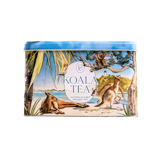 Koala Tea packaging with Australian animals on a white background