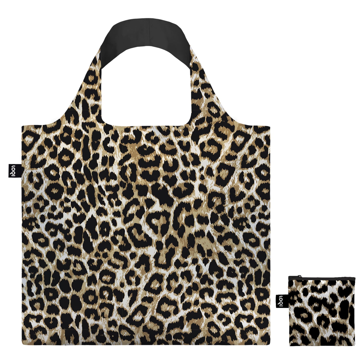 Animal print reusable shopping bag with smaller leopard pouch on a white background.