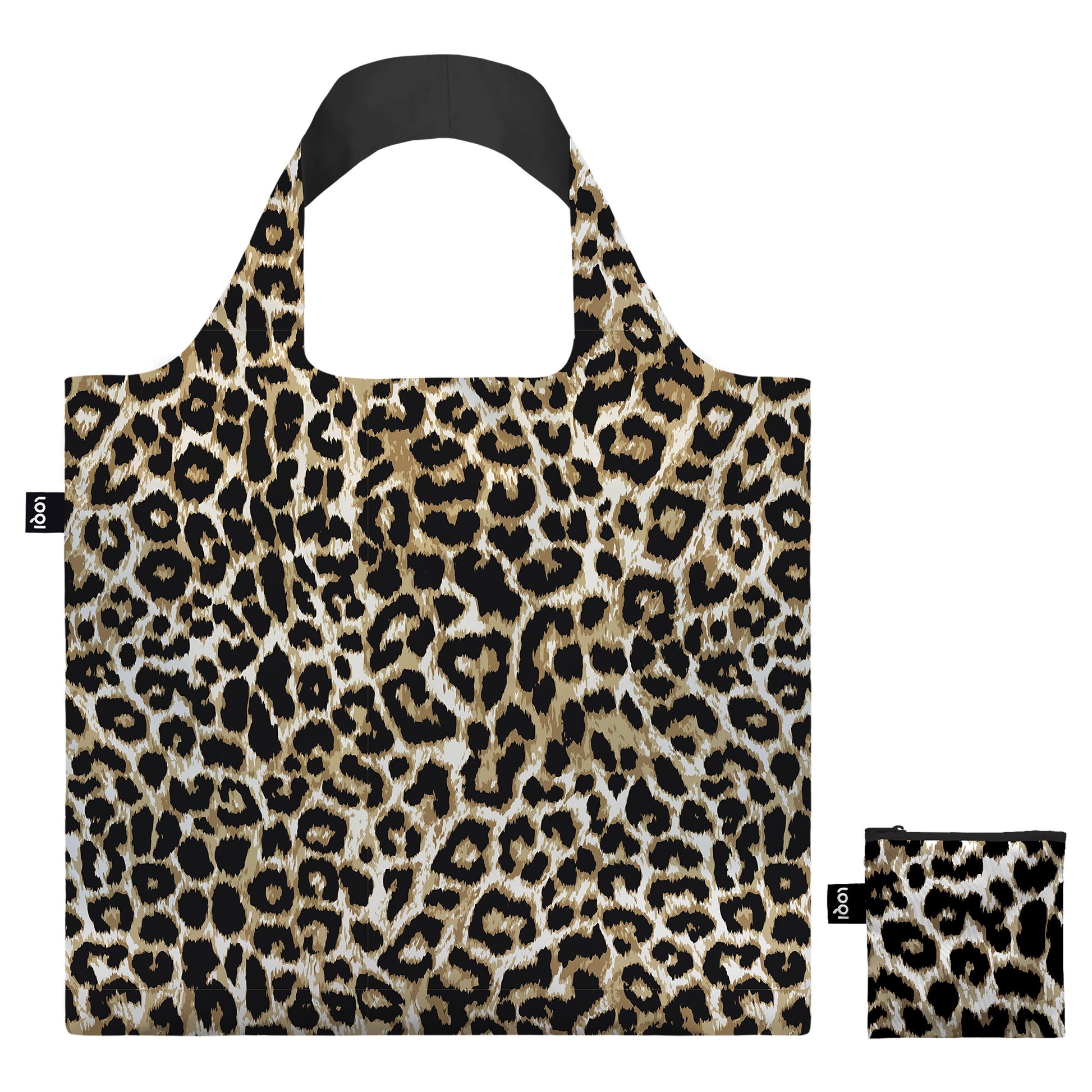 Animal print reusable shopping bag with smaller leopard pouch on a white background.