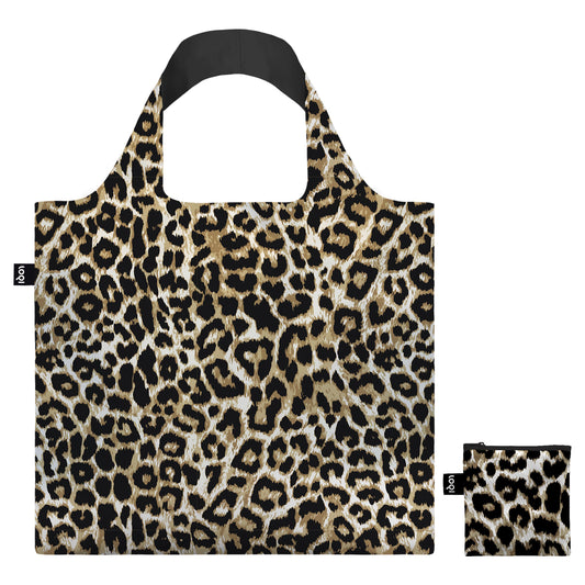 Animal print reusable shopping bag with smaller leopard pouch on a white background.