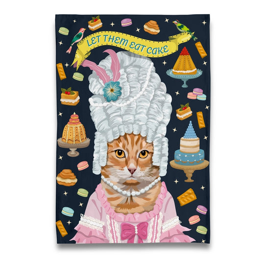 Tea towel featuring a tabby cat in a historical costume with cake-themed decorations on a dark blue background