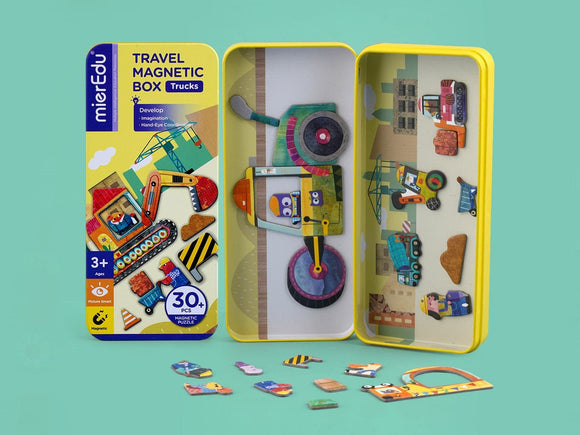 mierEdu travel magnetic box- This mierEdu magnetic box is based on children's favorite vehicles, including two scenes and over 30 magnetic pieces. It integrates different trucks with exquisite magnetic pieces to help develop imagination, concentration, and hand-eye coordination. Bring learning to life with a toy that encourages play-based learning! This toy stimulates curiosity and imagination while teaching important skills through fun activities. Perfect for curious minds that learn best through play.