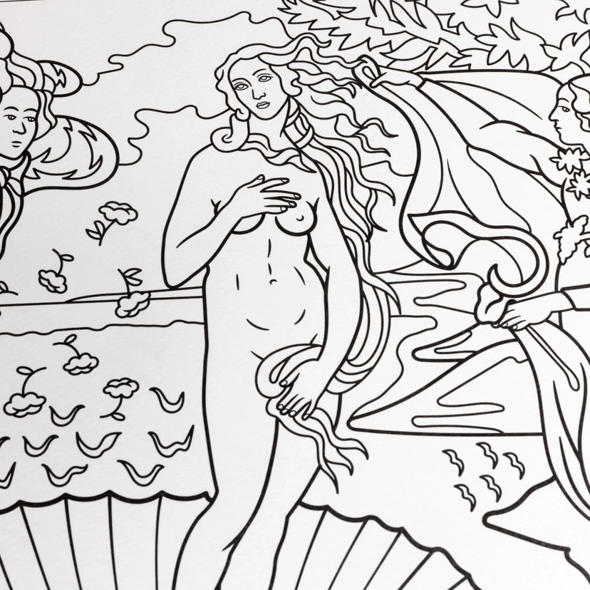Black and white line art illustration of a classical nude female figure with flowing hair, shown in a stylized artistic composition.