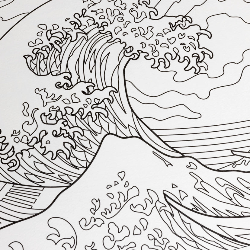 Black and white line drawing of a large wave with detailed patterns.