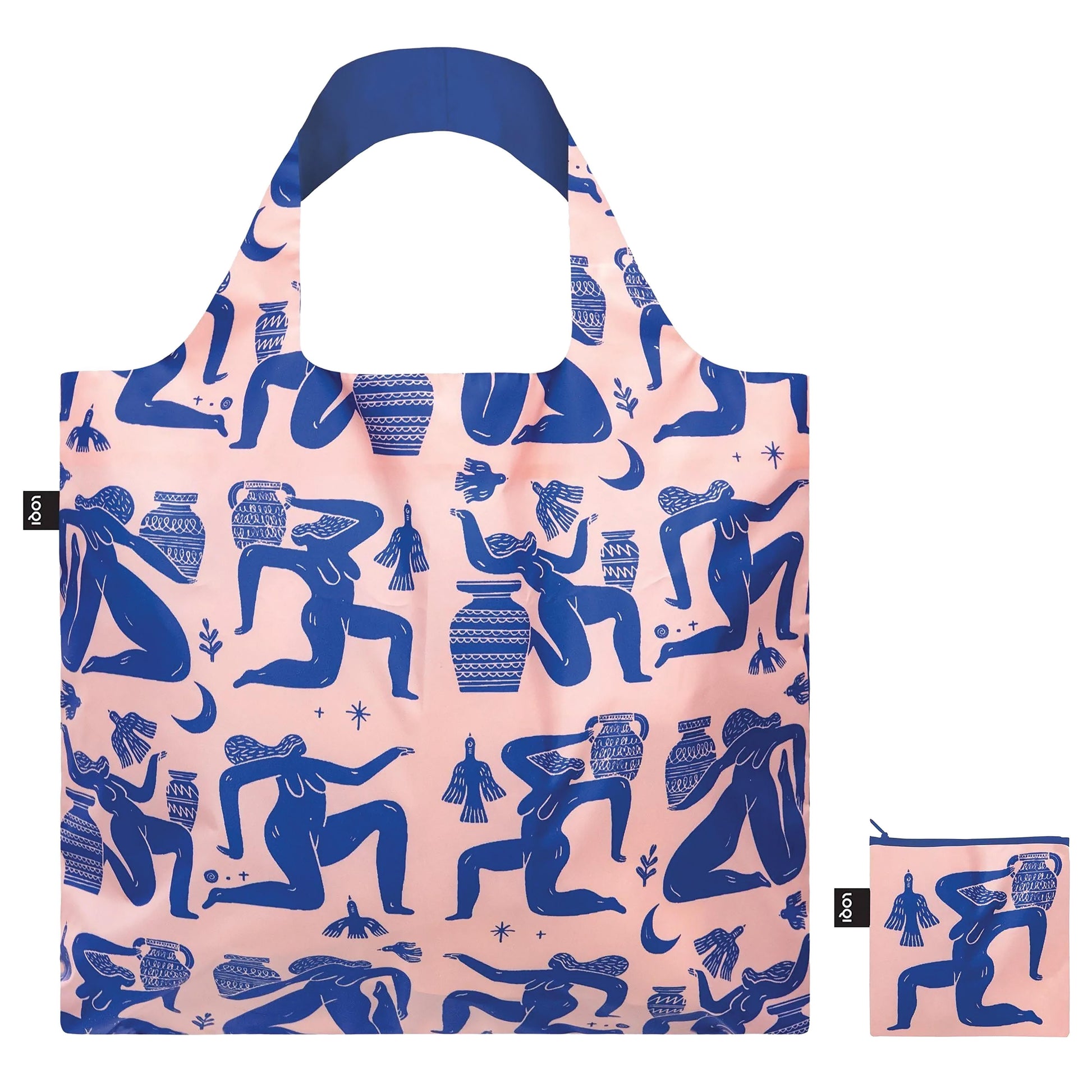 Reusable shopping bag with blue and pink design on a white background