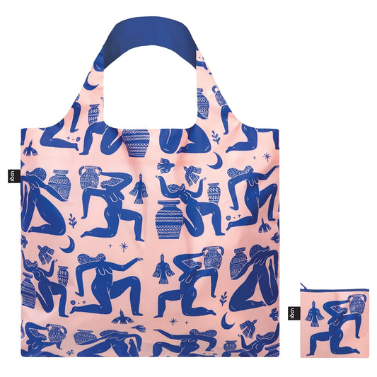 Reusable shopping bag with blue and pink design on a white background