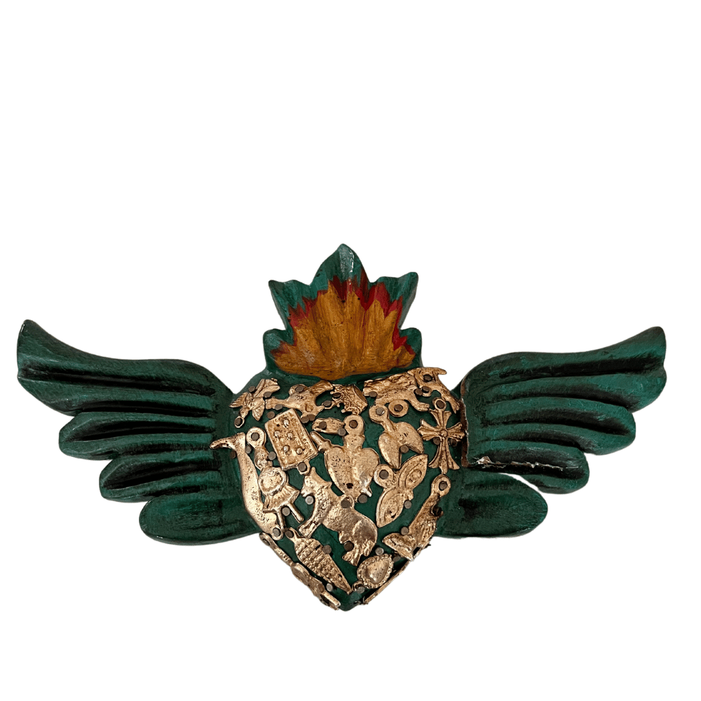 Mexican mini wooden winged heart green (10x21cm) - Gizmo Gifts