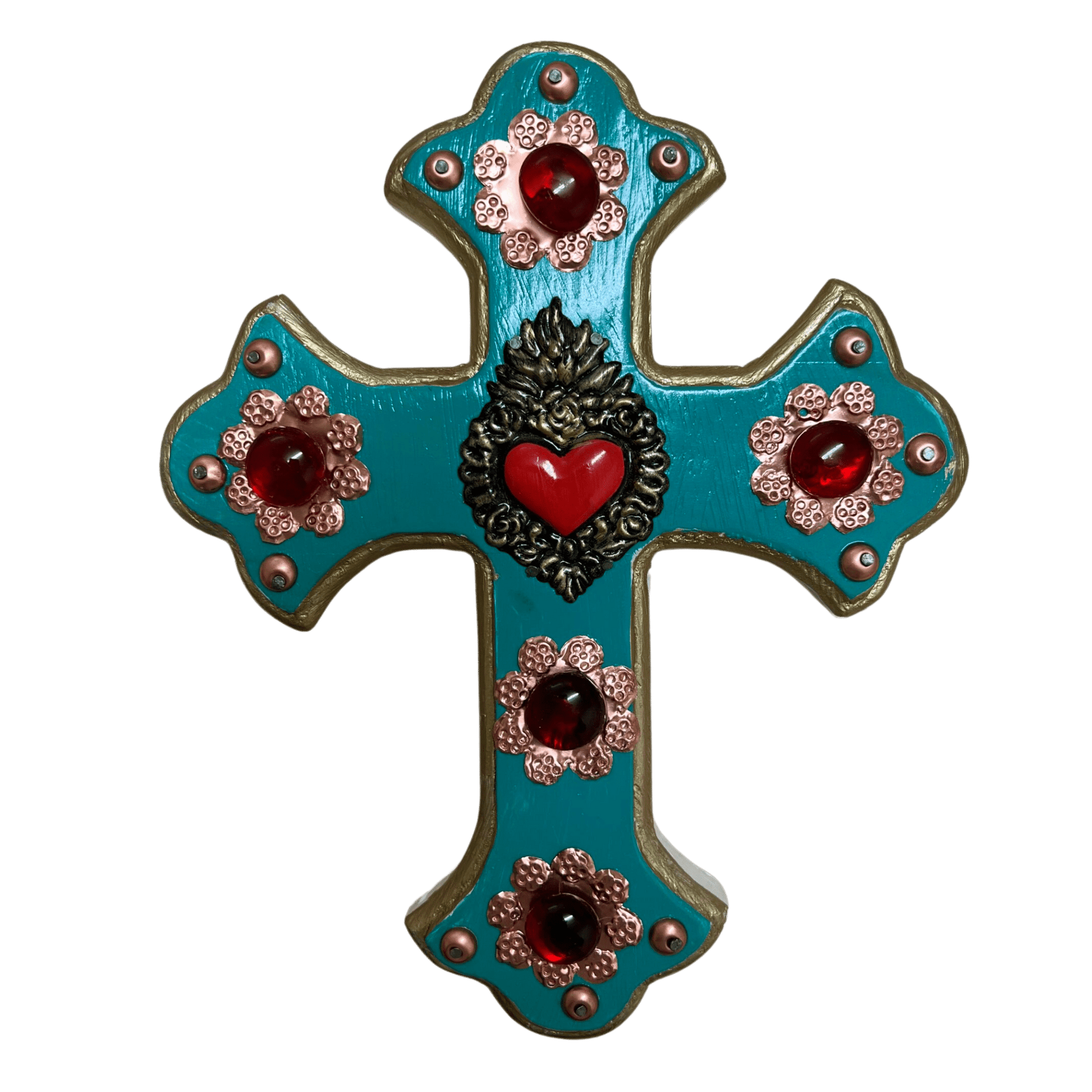 Mexican turquoise wooden cross with red stones - Gizmo Gifts