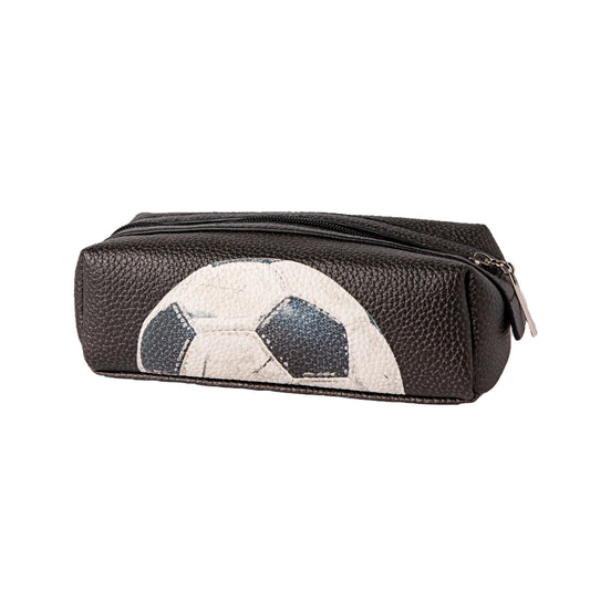 Black pencil case with a soccer ball design on a white background