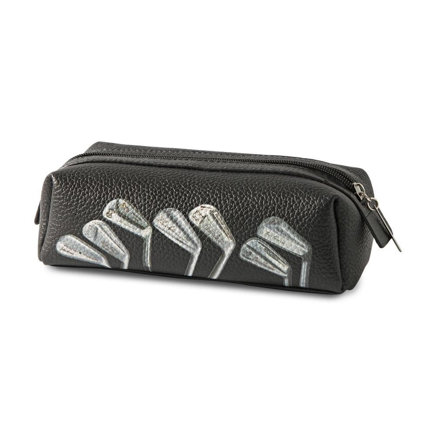 Black leather pouch with silver golf clubs designs on a white background
