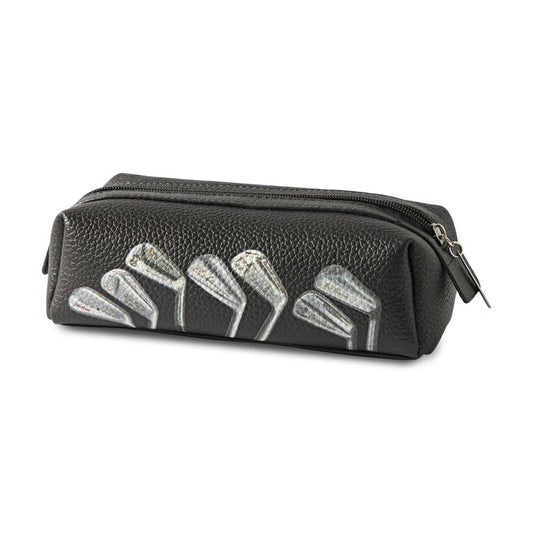 Black leather pouch with silver golf clubs designs on a white background