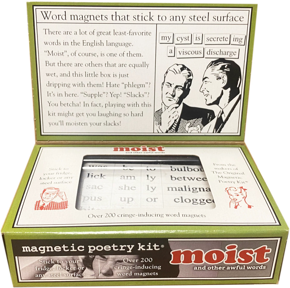 An opened magnetic poetry box with text black and white text, graphic cartoon images of men , and an opened window showing the magnetic tiles inside.