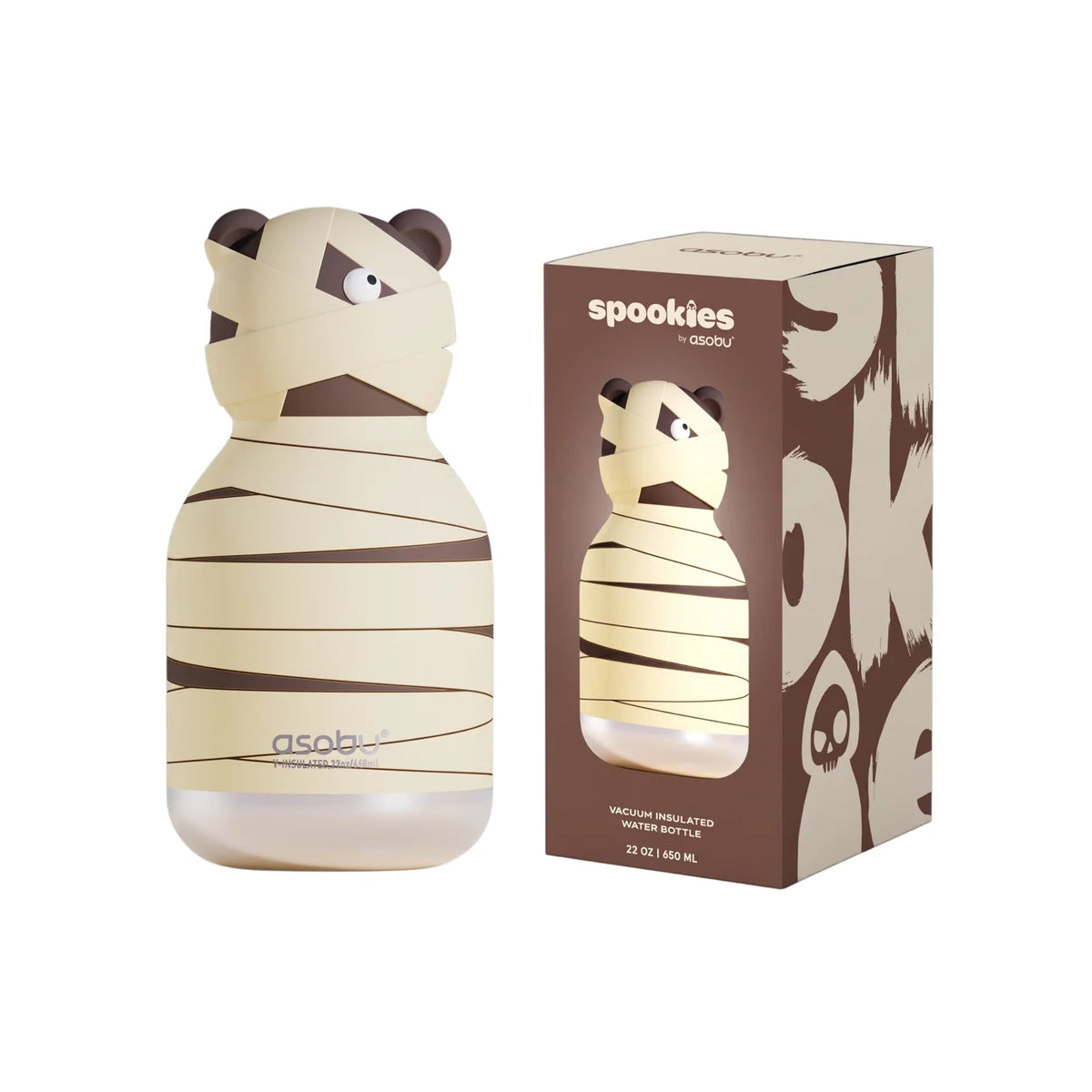 A brown bear bandaged drink bottle and a brown box for packaging with Spookies text.