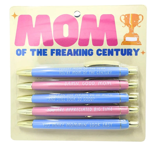 Pack of pens with humorous sayings on a yellow background