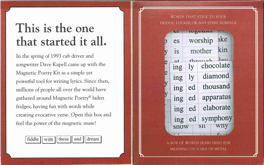An opened red box featuring text that says"This is the one that started it all". On the right side a window displays the magnetic tiles.