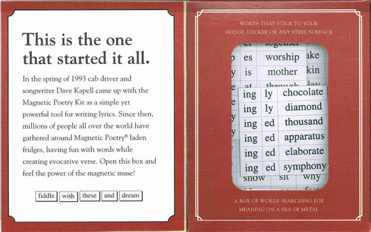 An opened red box featuring text that says"This is the one that started it all". On the right side a window displays the magnetic tiles.