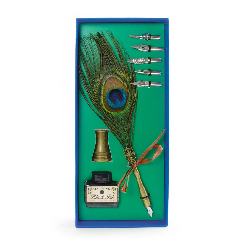 A peacock quill and five nibs in a  green gift box with an ink well . The background is white.