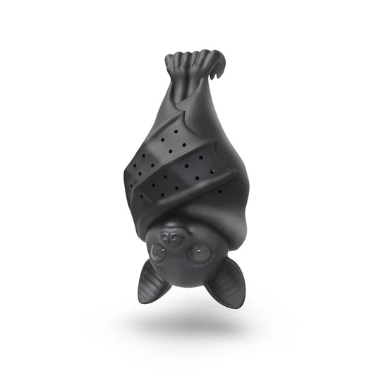 A black hanging bat tea infuser on a white background
