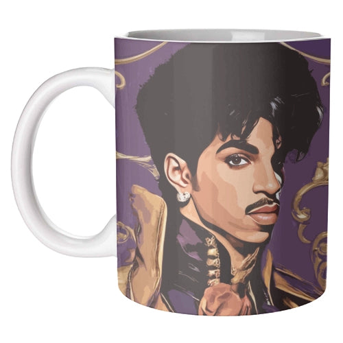 A purple ceramic mug with an image o Prince on a white bacground