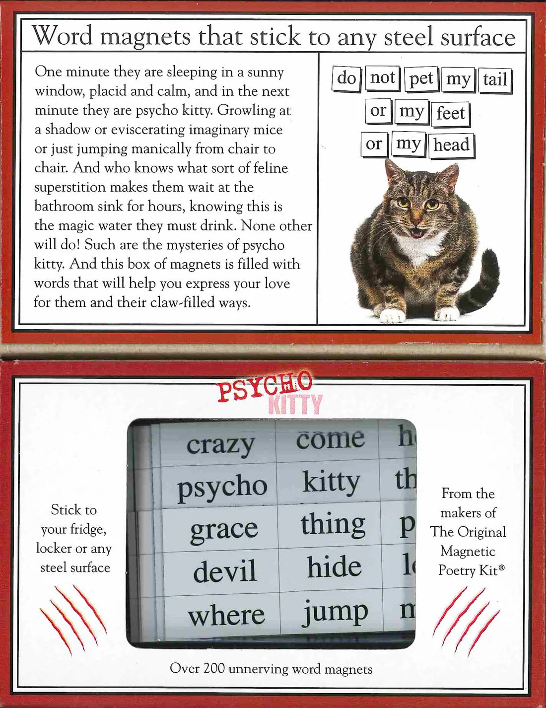 An opened box of magnetic poetry ith an image of a purring cat and text. The window box has an image of the magnet tiles.