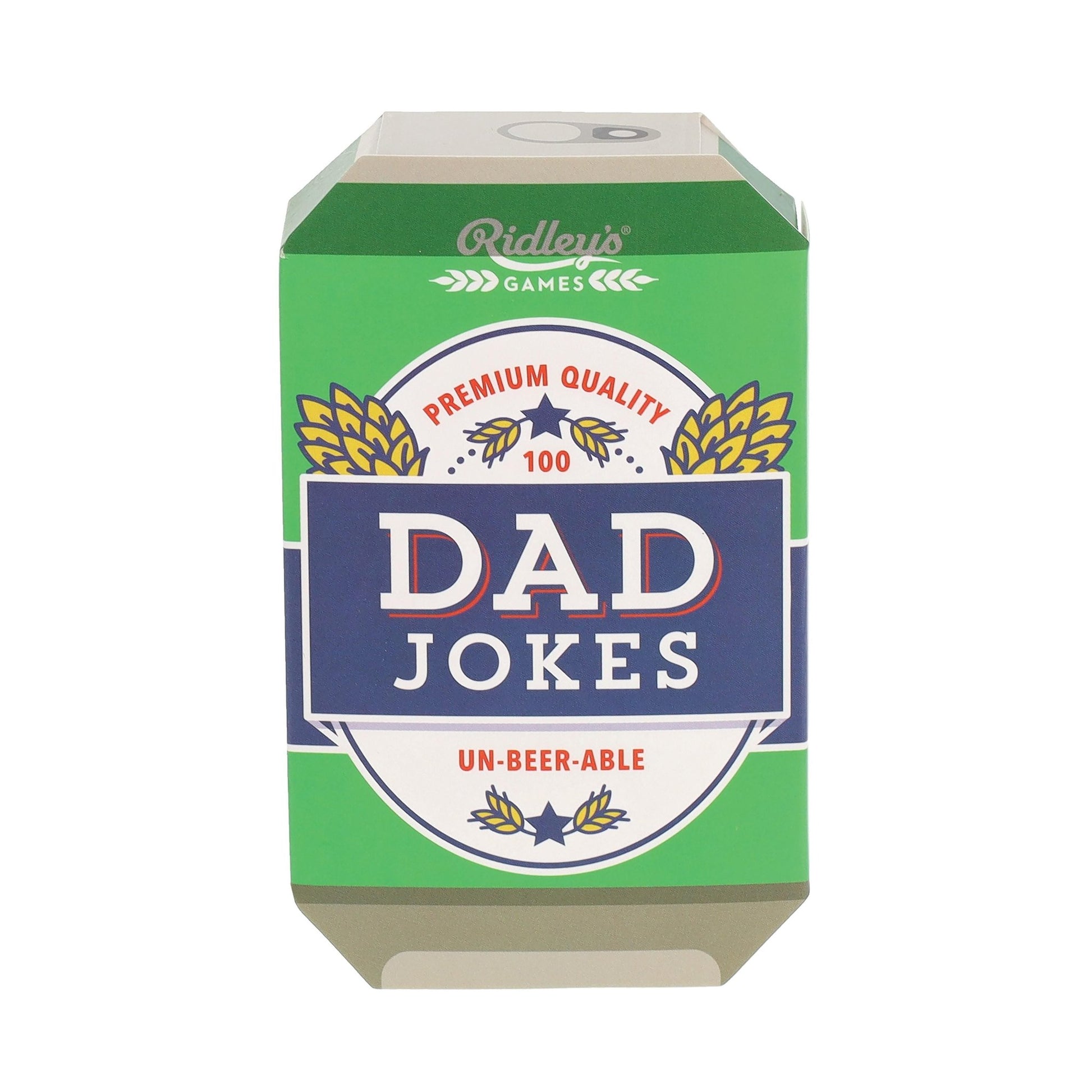 A green deck of cards containing Ridley's Dad Jokes , set on a white background.
