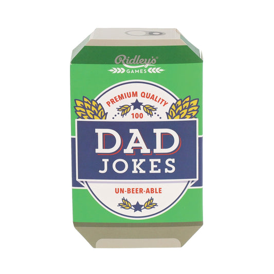 A green deck of cards containing Ridley's Dad Jokes , set on a white background.