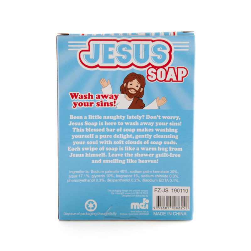 Blue box back side of Jesus soap wash away your sins on a white background