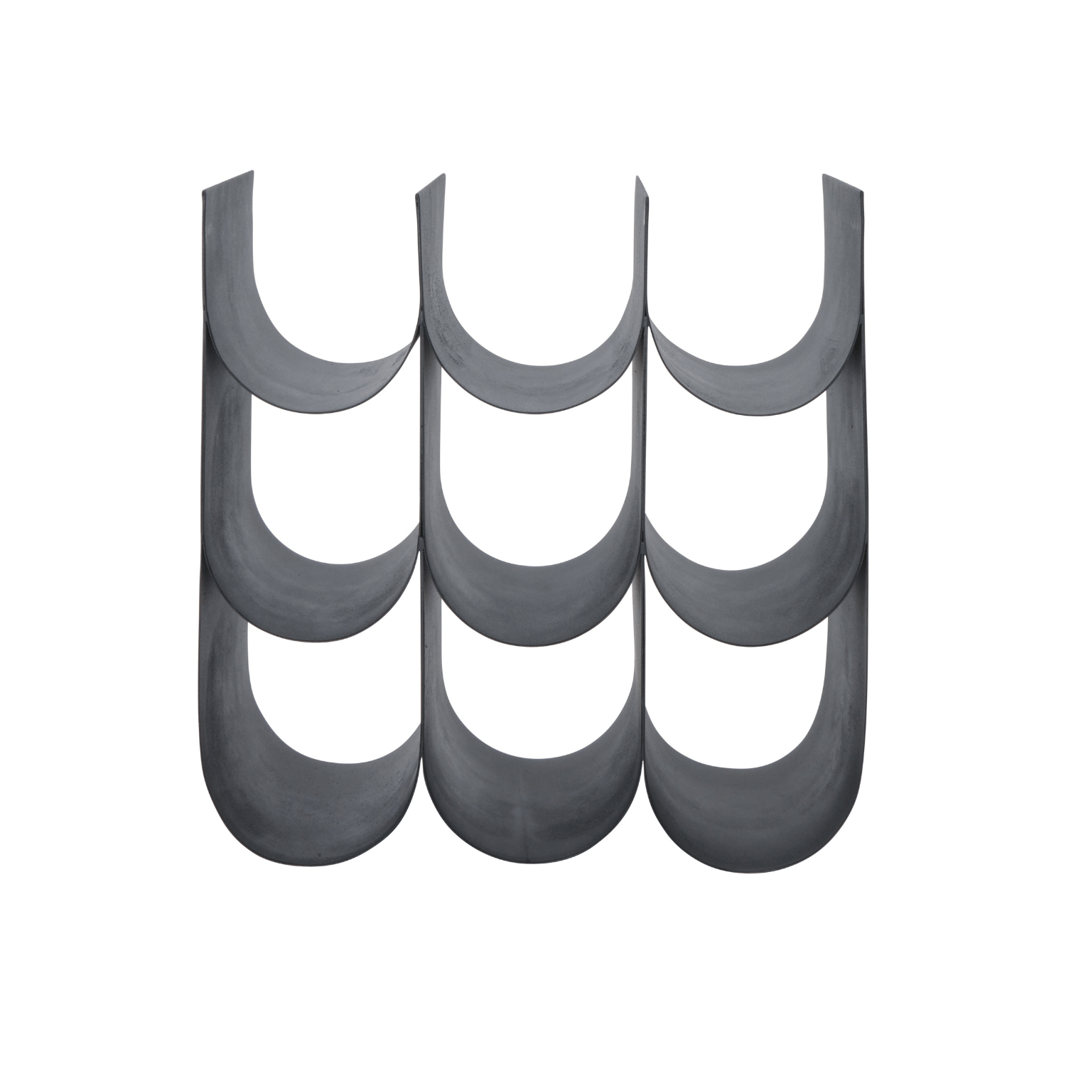 Black scalloped 9 bottle wine rack on a white background.