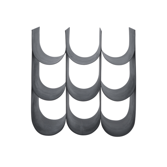 Black scalloped 9 bottle wine rack on a white background.