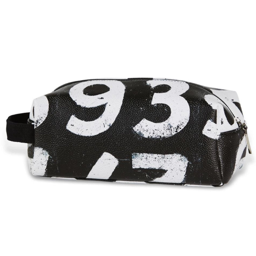 Black pouch with white numbers on a white background