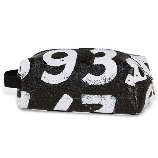 Black pouch with white numbers on a white background