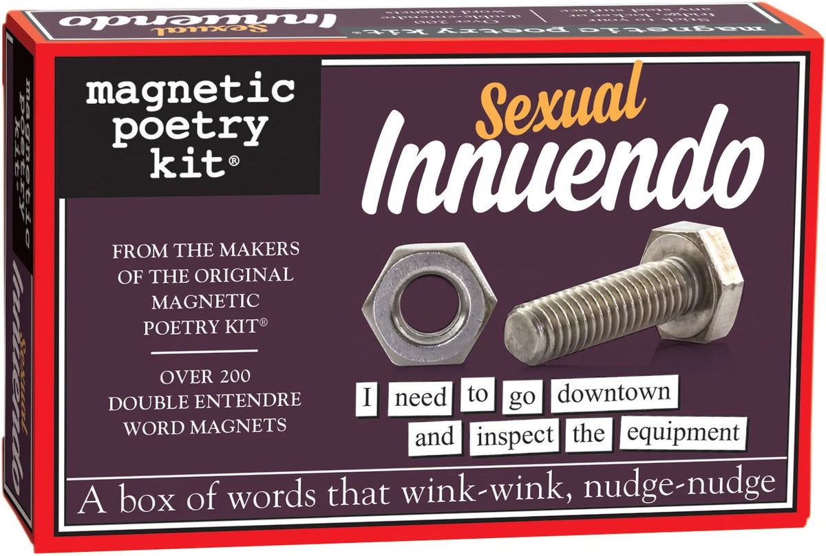 A purple box of sexual innuendo magnetic poetry kit n a white background.