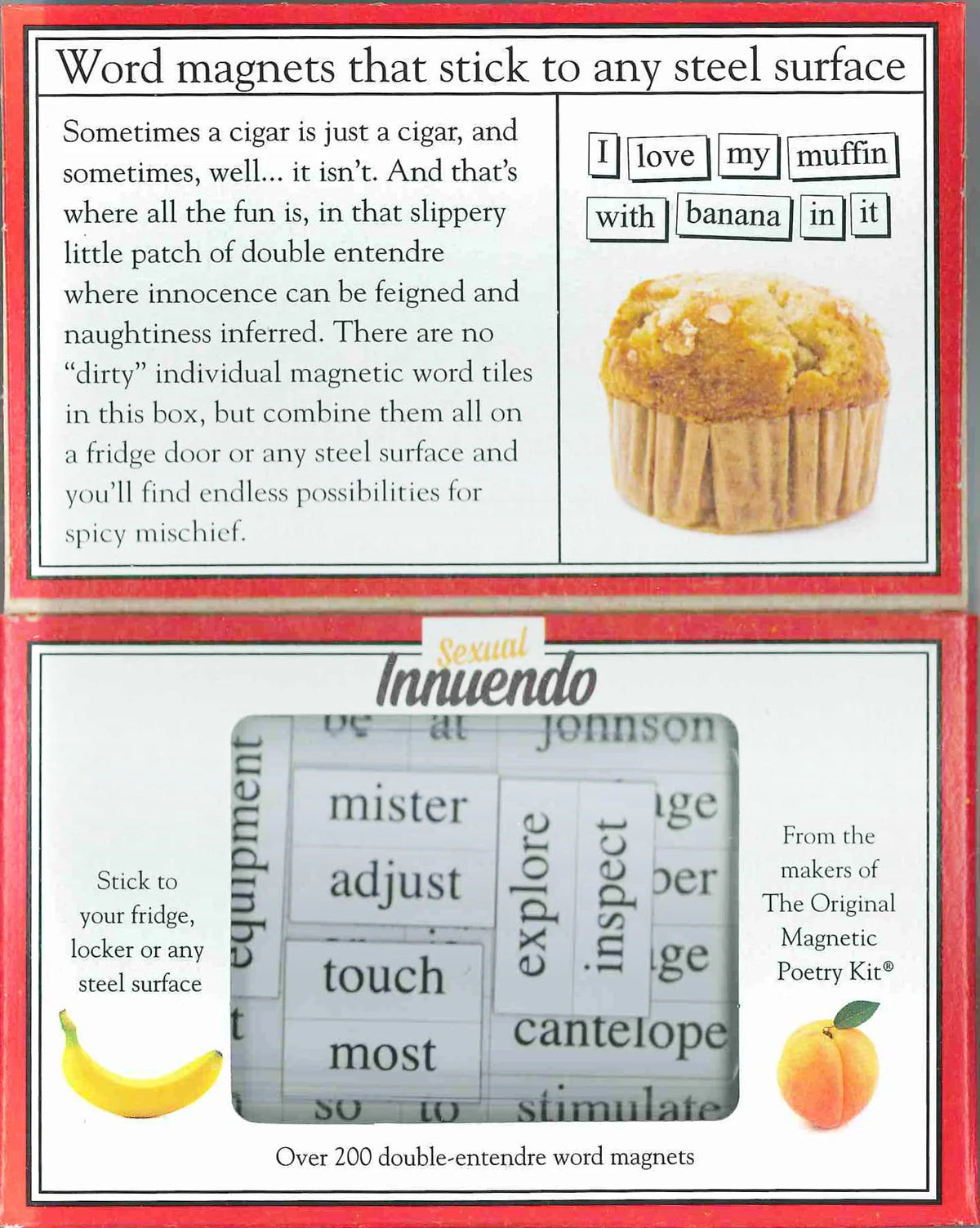 An opened magnetic poetry kit with a diagram of a muffin,text and an acetate window showing magnets inside
